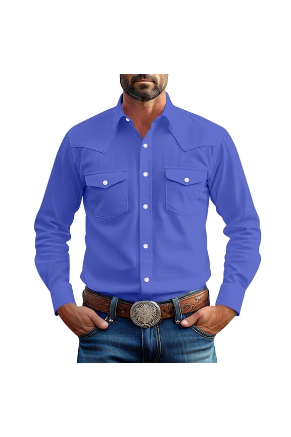 Men's Fashionable Vintage Solid Color Casual Long Sleeve Turndown Collar Blouse Shirt Blue-A L(L)