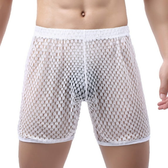 HaiMao Men's See Through Shorts Clearance Mesh Loose Shorts Lounge Underwear Cover up Boxer Trunks White L(L)