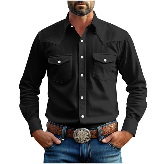 HaiMao Men's Shirts Casual Western Long Sleeve Button Down Shacket Jackets with 2 Flap Pocket Black M(M)