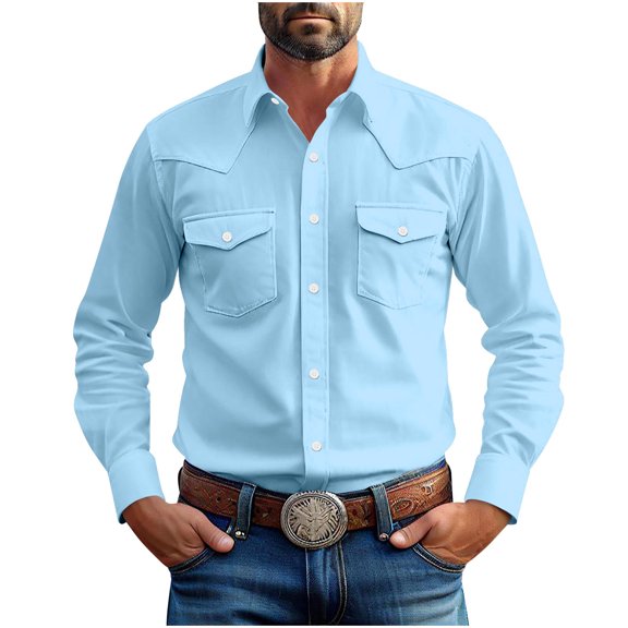 HaiMao Men's Shirts Clearance Casual Western Long Sleeve Button Down Shacket Jackets with 2 Flap Pocket Light Blue S(S)