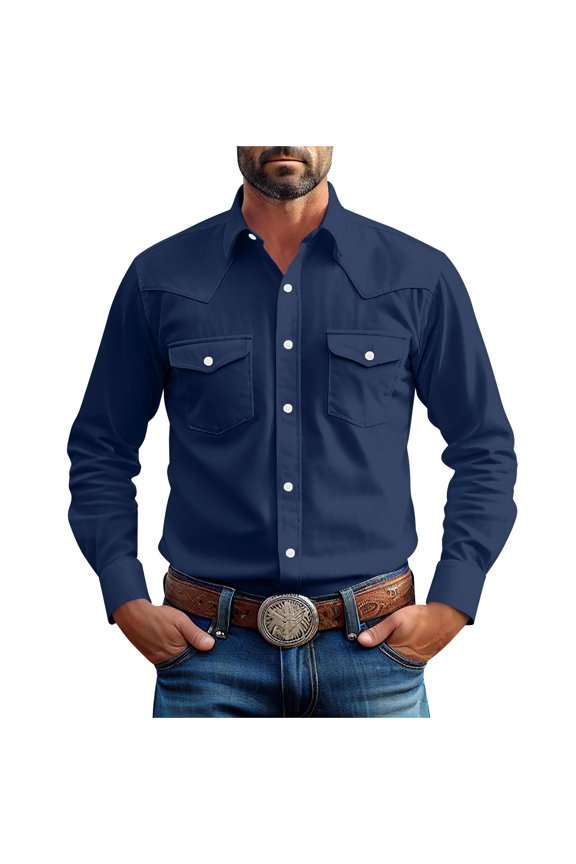 Men's Shirts Casual Western Long Sleeve Button Down Shacket Jackets with 2 Flap Pocket Navy L(L)