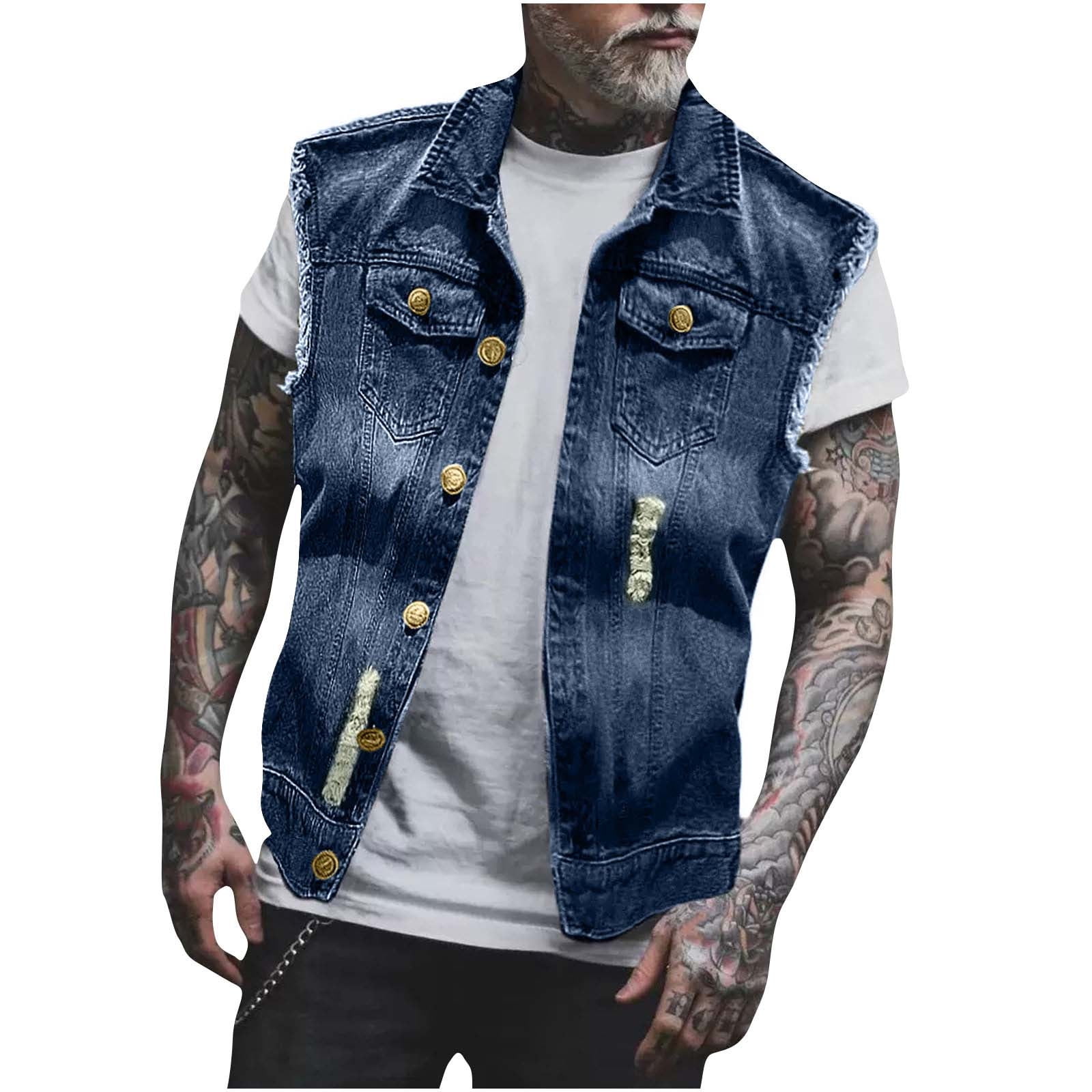HaiMao Men's Sleeveless Denim Vest, Ripped Punk Style, Motorcycle