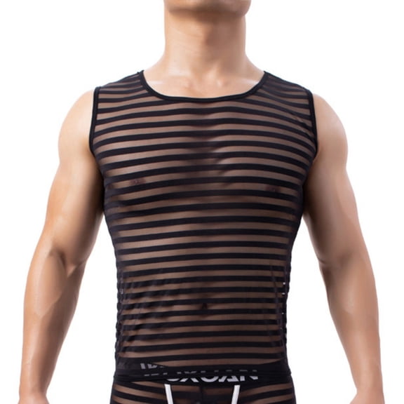 HaiMao Mens See Through Sleeveless Shirt Mesh Tank Top for Men Crew Neck Fishnet Fitted Muscle Shirt Clubwear Black XL(XL)