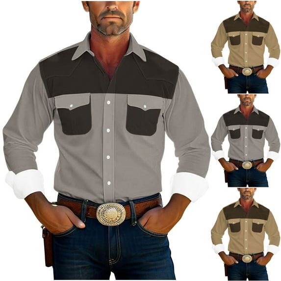 HaiMao Mens Western Shirts Clearance Long Sleeve Cowboy Shirts for Men Casual Button Down Shirts Country Shirt Khaki XL(XL)