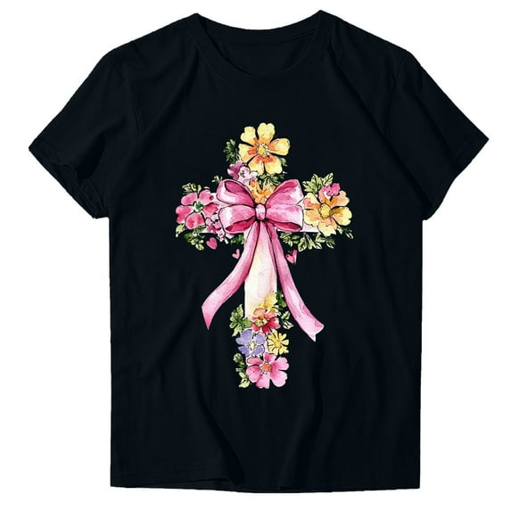 Hinvhai Pink Cross for Christian Women Cuteholic Pink Flower V-Neck T-Shirt Black M(M)
