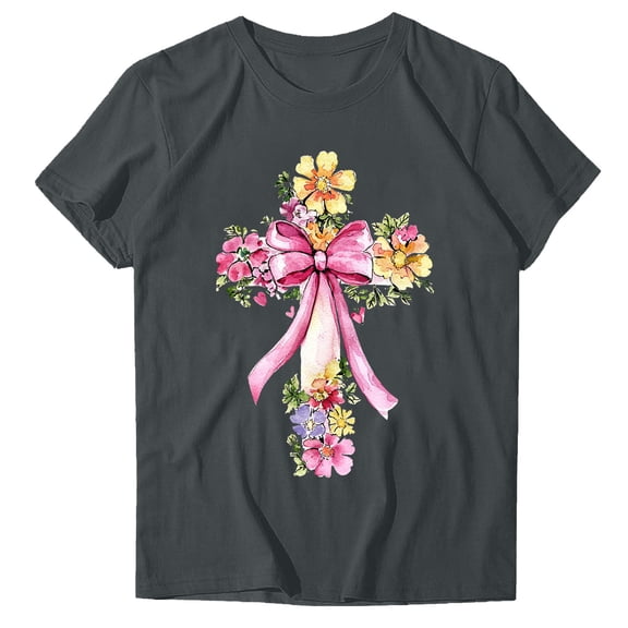 HaiMao Pink Cross for Christian Women Cuteholic Pink Flower V-Neck T-Shirt Gray M(M)