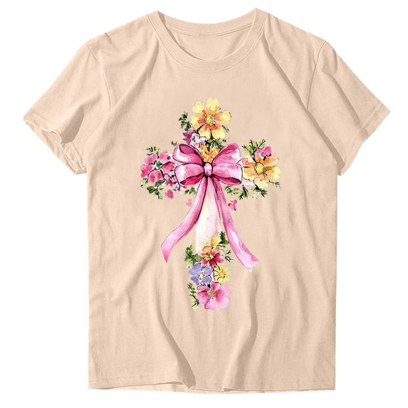 Hinvhai Pink Cross for Christian Women Cuteholic Pink Flower V-Neck T-Shirt Khaki L(L)