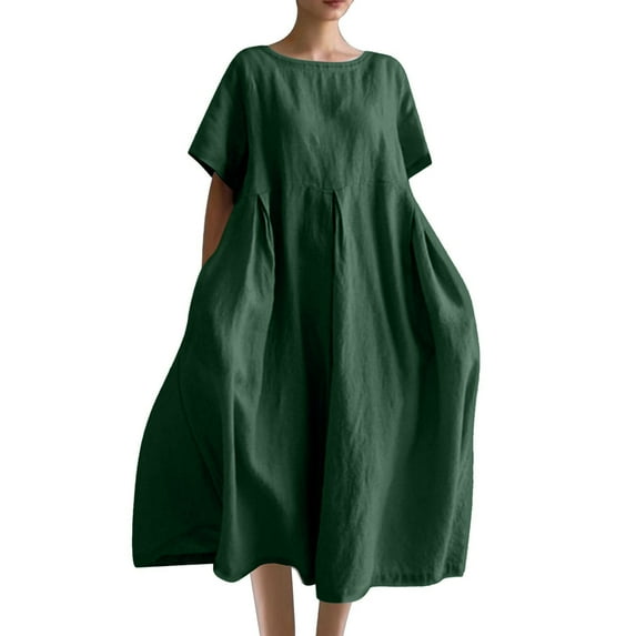 HaiMao Plus Size Boho Dress for Women Summer Trendy Cotton Linen Flowy Dress Baggy Floral Maxi Dress Green XL(XL)
