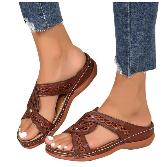 Hinvhai Sandals for Women Wedge Shoes Slip On Wide Width Sandals for Women Orthopedic Sandals for Women Arch Support Slides Sandals Comfortable Lightweig Brown 7(39)