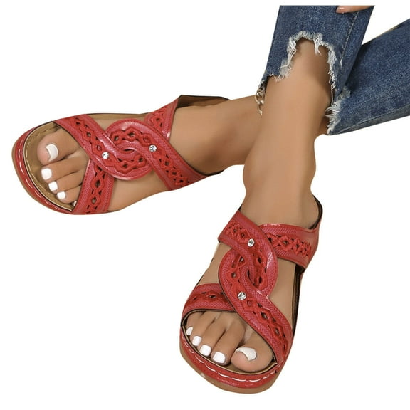 HaiMao Sandals for Women Wedge Shoes Clearance Slip On Wide Width Sandals for Women Orthopedic Sandals for Women Arch Support Slides Sandals Comfortable Lightweig Red 7.5(40)