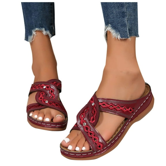 HaiMao Sandals for Women Wedge Shoes Slip On Wide Width Sandals for Women Orthopedic Sandals for Women Arch Support Slides Sandals Comfortable Lightweig Wine 9(42)