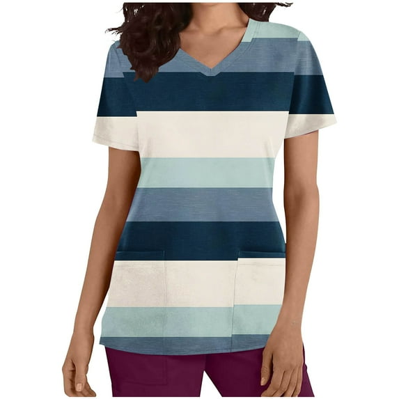 HaiMao Scrub Tops for Women Soft Stretch V-Neck Color Block Scrub Top with Pockets Light Blue L(L)