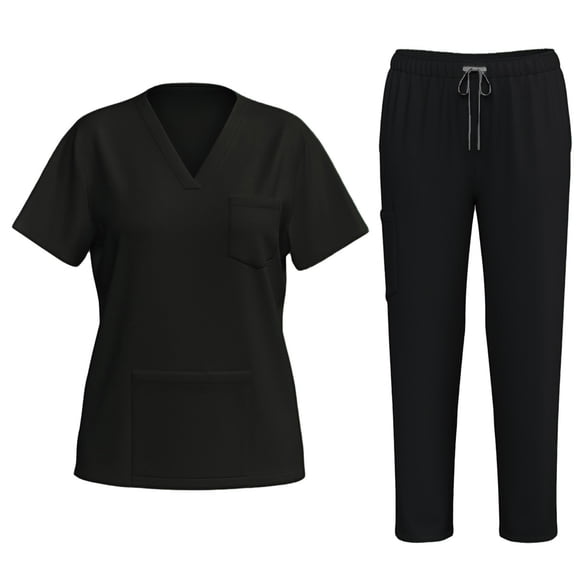 HaiMao Scrubs for Women Set Clearance V-Neck Scrub Top & Cargo Pants Skin-friendly Women Scrubs Stretch Workwear with Multi Pockets Black L(L)