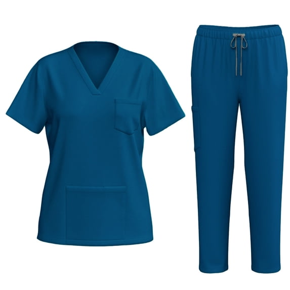HaiMao Scrubs for Women Set Clearance V-Neck Scrub Top & Cargo Pants Skin-friendly Women Scrubs Stretch Workwear with Multi Pockets Navy L(L)