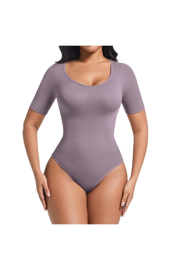 Short Sleeve Bodysuit for Women Tummy Control Shapewear Seamless Round Neck Body Shaper Tops Purple XXXL(XXXL)