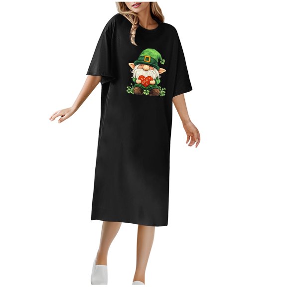 HaiMao Sleep Shirts for Women Nightgown Short Sleeves St.Patricks Graphic T shirt Night Dress Round Neck Womans Nightgown Black XL(XL)