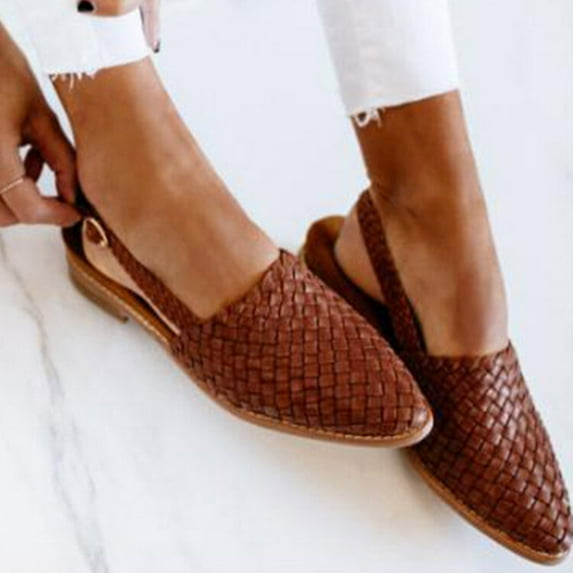 Hinvhai Slingback Flats for Women , Round Toe Low heel Sandals Fashion Splicing Dress Shoes for Women Brown 6.5(38)
