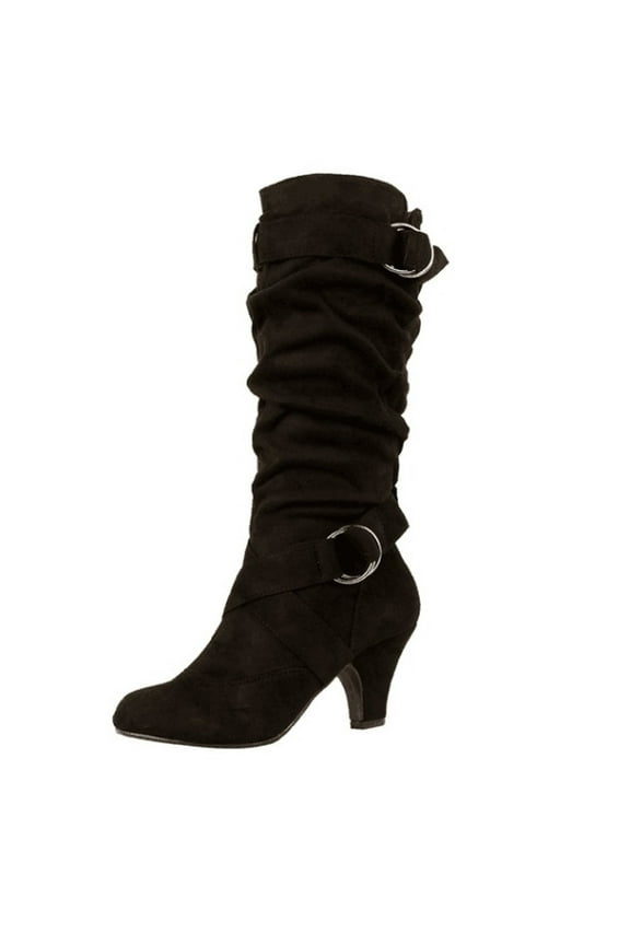 Slouchy Knee High Boots Women Fall Boots for Women Buckle Strap Kitten Heel Suede Winter Boots Long Tall Dress Boots Black 7(39)