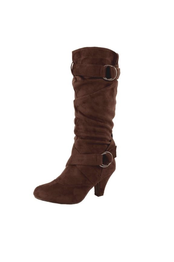 HaiMao Slouchy Knee High Boots Women Fall Boots for Women Buckle Strap Kitten Heel Suede Winter Boots Long Tall Dress Boots Brown 6(37)