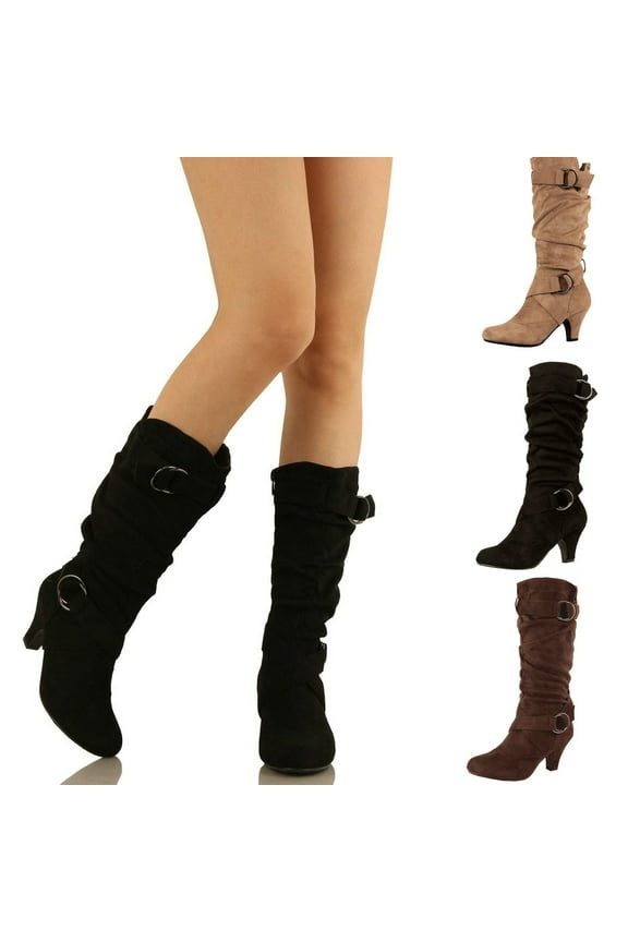 HaiMao Slouchy Knee High Boots Women Fall Boots for Women Buckle Strap Kitten Heel Suede Winter Boots Long Tall Dress Boots Yellow 9.5(43)