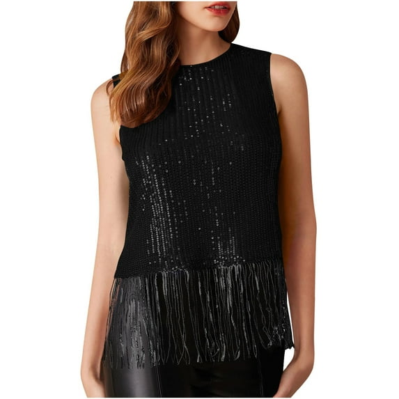 HaiMao Sparkly Fringe Tops for Women Clearance Sleeveless Crewneck Tassel Sequin Tank Top Glitter Crop Party Shirt Cami Outfit Black L(L)