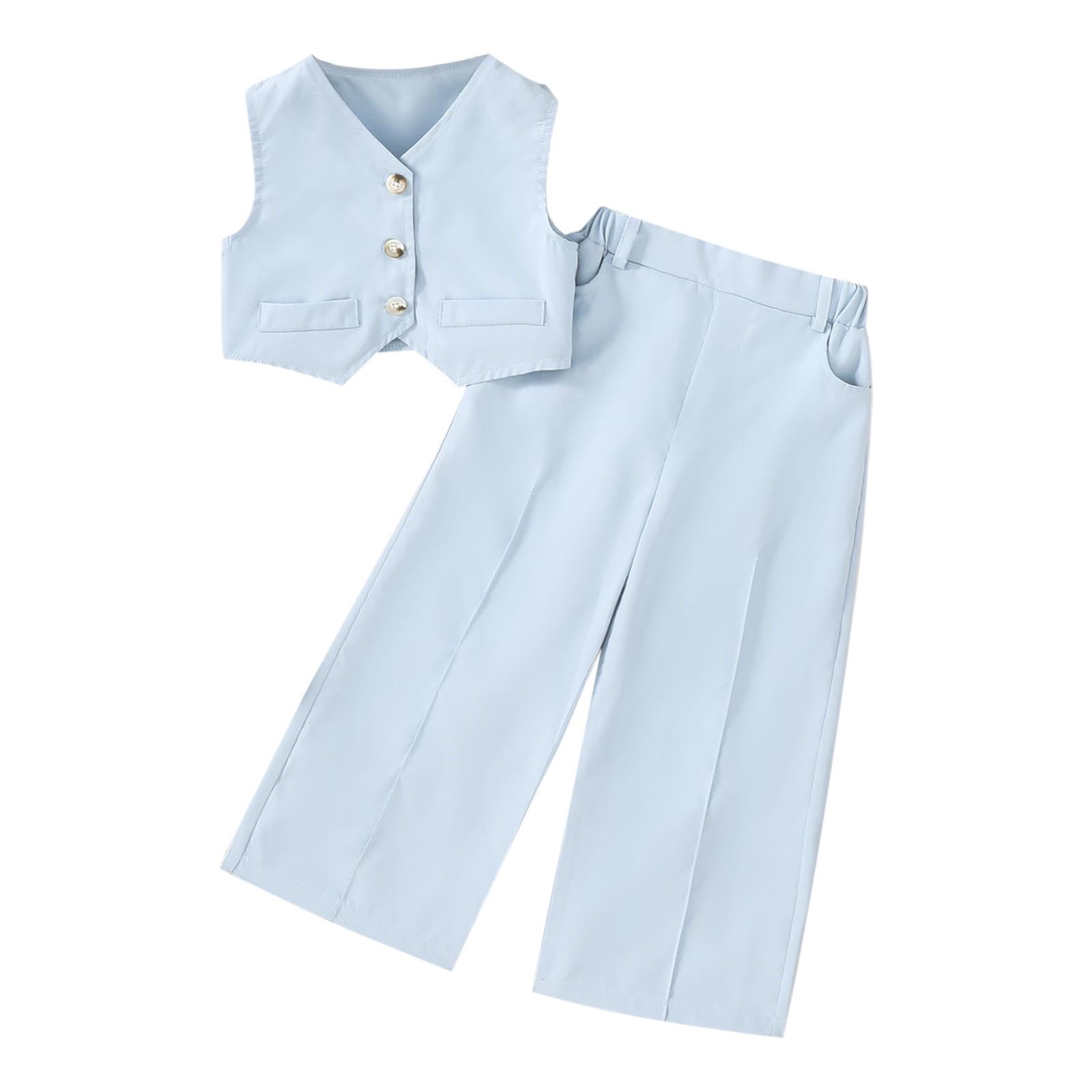 2 Pieces Kids Girls' Solid Color Shorts Suit Set Long Sleeve Cute Casual 3-7 Years Spring Blue main image 0