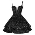 thumbnail image 1 of HaiMao Teens Spaghetti Straps Tiered Short Dress Clearance Homecoming Dress Sparkly Sequin Prom Dress Black 8(L), 1 of 5