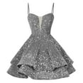 thumbnail image 1 of HaiMao Teens Spaghetti Straps Tiered Short Dress Clearance Homecoming Dress Sparkly Sequin Prom Dress Gray 8(L), 1 of 5