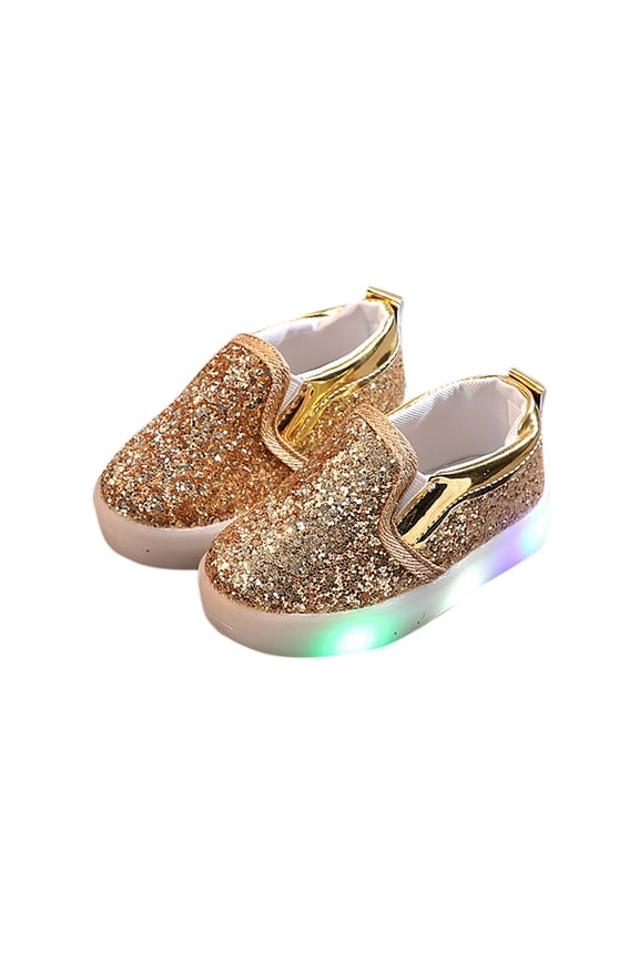 Toddler Girl's Light Up Sequins Slip On Loafers Baby Glitter Shoes Flashing LED Casual Princess Party Shoes Flat Sneakers Gold 1 Years