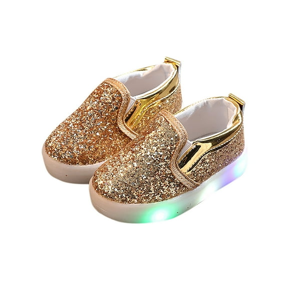 HaiMao Toddler Girl's Light Up Sequins Slip On Loafers Baby Glitter Shoes Flashing LED Casual Princess Party Shoes Flat Sneakers Gold 5 Years
