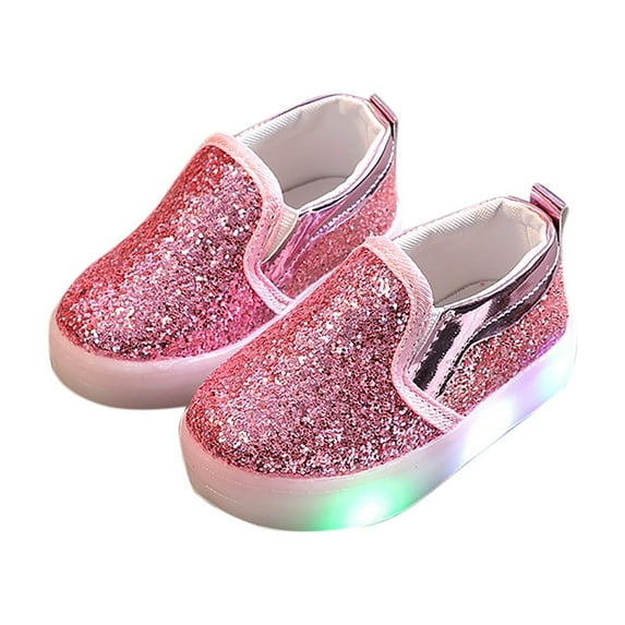 HaiMao Toddler Girl's Light Up Sequins Slip On Loafers Clearance Baby Glitter Shoes Flashing LED Casual Princess Party Shoes Flat Sneakers Pink 2 Years