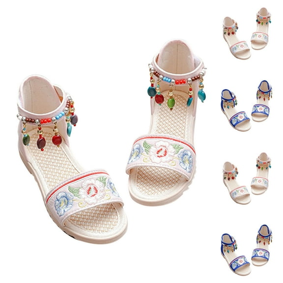 Hinvhai Toddler Little Girls Roman Style Sandals Cozy Tassel Ethnic Sandals Open Toe Back Zip Sandals Party Shoes Pink 10 Years(35)