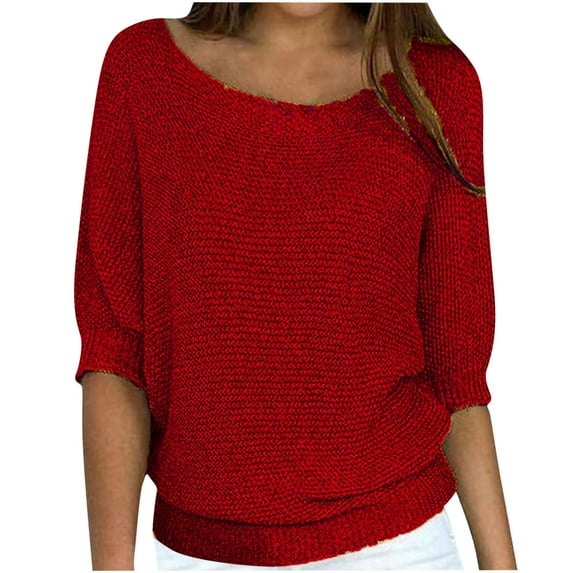 HaiMao Tops for Women 3/4 Sleeve Boat Neck Sweater Tops Spring Summer Fall Casual Loose Fit Knit Tunic Blouse Red 8(L)