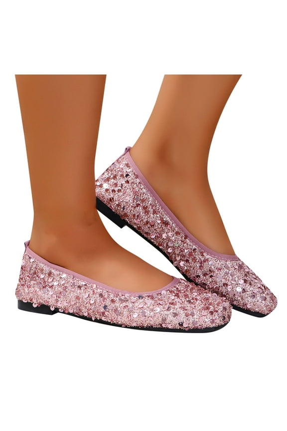 Wedding Shoes for Women Sequins Lace Cutout Dress Shoes Soft Ronud Toe Slip On Ballet Flat Pink 6(37)