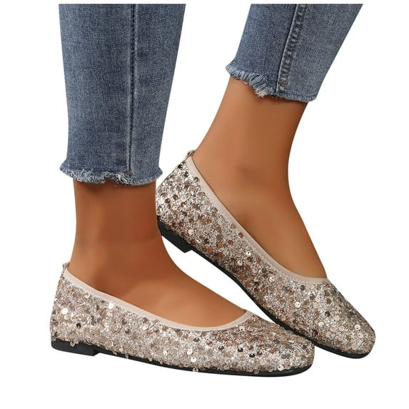 HaiMao Wedding Shoes for Women Sequins Lace Cutout Dress Shoes Soft Ronud Toe Slip On Ballet Flat Rose Gold 9.5(43)