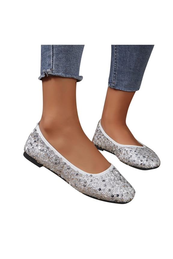 Wedding Shoes for Women Sequins Lace Cutout Dress Shoes Soft Ronud Toe Slip On Ballet Flat Silver 7.5(40)