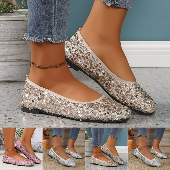 HaiMao Wedding Shoes for Women Sequins Lace Cutout Dress Shoes Soft Ronud Toe Slip On Ballet Flat Silver 9.5(43)