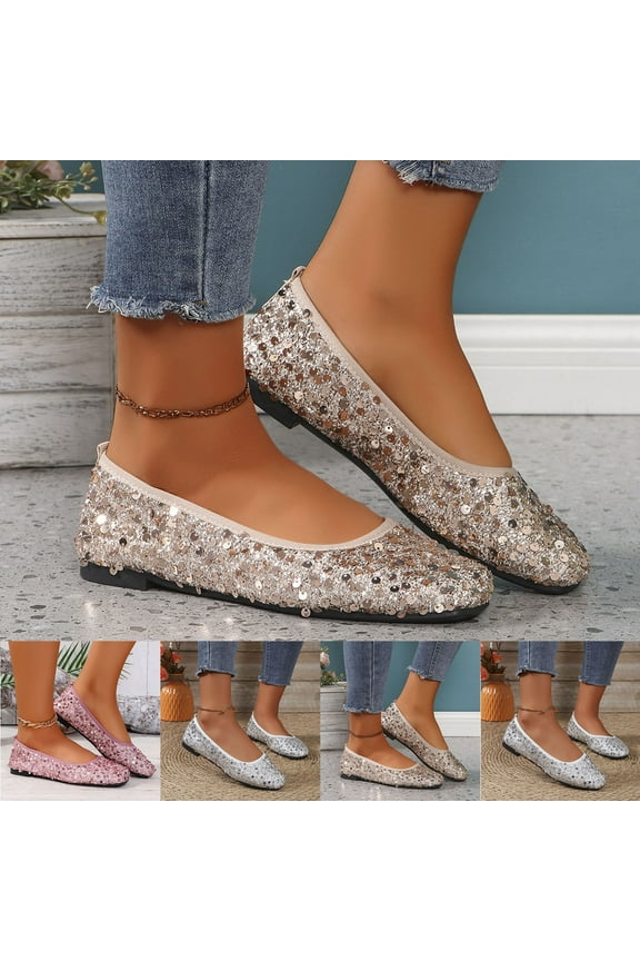 Wedding Shoes for Women Sequins Lace Cutout Dress Shoes Soft Ronud Toe Slip On Ballet Flat Silver 9.5(43)