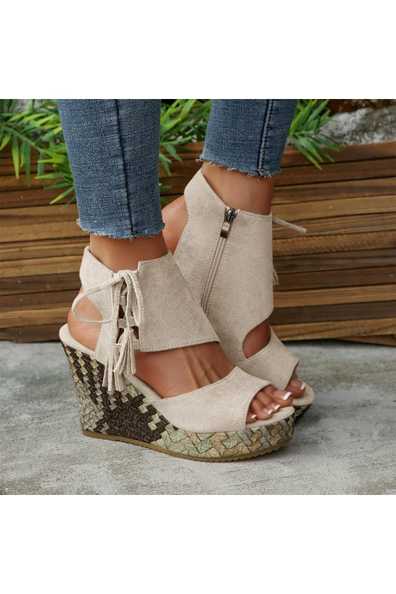 Wedge Sandals for Women Clearance Open Toe Espadrilles Comfortable Dressy Ankle Strap Platform Boho Beach Summer Shoes Comfortable Beige 5.5(36)