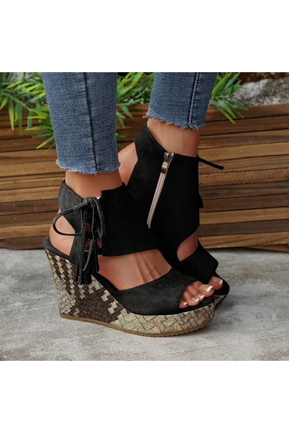 Wedge Sandals for Women Open Toe Espadrilles Comfortable Dressy Ankle Strap Platform Boho Beach Summer Shoes Comfortable Black 8.5(41)