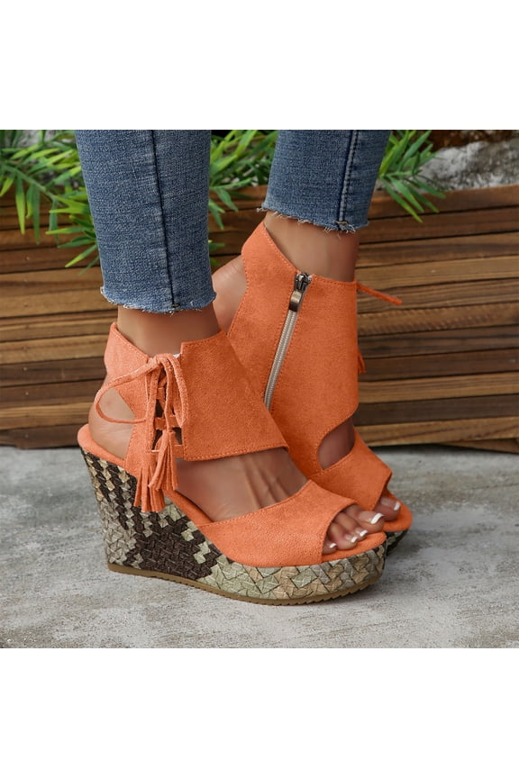 HaiMao Wedge Sandals for Women Clearance Open Toe Espadrilles Comfortable Dressy Ankle Strap Platform Boho Beach Summer Shoes Comfortable Orange 8.5(41)
