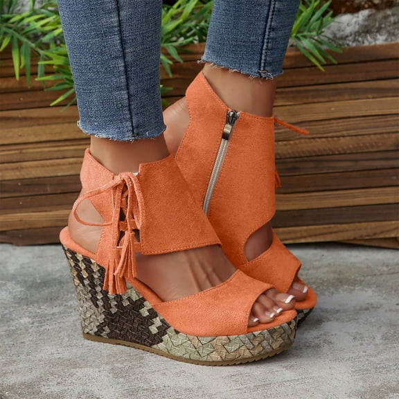 HaiMao Wedge Sandals for Women Clearance Open Toe Espadrilles Comfortable Dressy Ankle Strap Platform Boho Beach Summer Shoes Comfortable Orange 9.5(43)