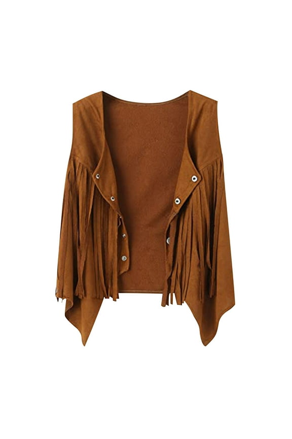 HaiMao Western Fringe Vest Tops Girls Classic Suede Leather 70s Cowboy Shirt Rodeo Outfits Sleeveless Hippie Tassel Jackets Khaki 5 Years