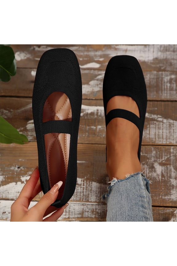 Wide Toe Box Flats Women Comfort Slip On Ballet Shoes Mary Jane Dressy Knit Flats with Straps Washable Casual office Black 7(39)