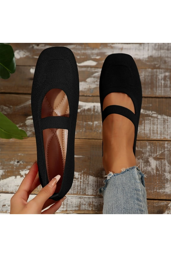Wide Toe Box Flats Women Comfort Slip On Ballet Shoes Mary Jane Dressy Knit Flats with Straps Washable Casual office Black 9(43)