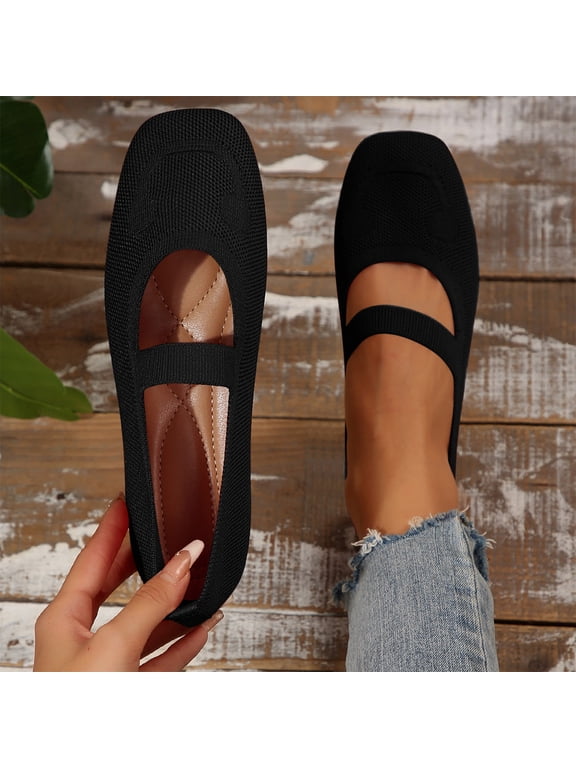 Wide Toe Box Flats Women Comfort Slip On Ballet Shoes Mary Jane Dressy Knit Flats with Straps Washable Casual office Black 9(43)