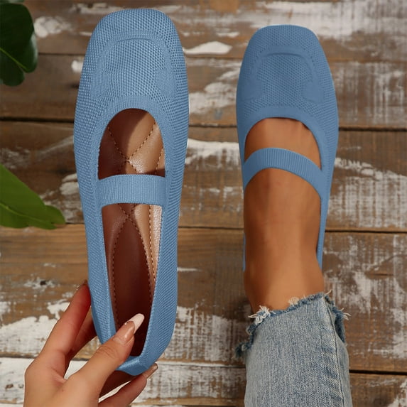 HaiMao Wide Toe Box Flats Women Comfort Slip On Ballet Shoes Mary Jane Dressy Knit Flats with Straps Washable Casual office Light Blue 8.5(42)