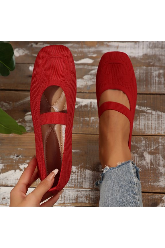 Wide Toe Box Flats Women Comfort Slip On Ballet Shoes Mary Jane Dressy Knit Flats with Straps Washable Casual office Red 9(43)