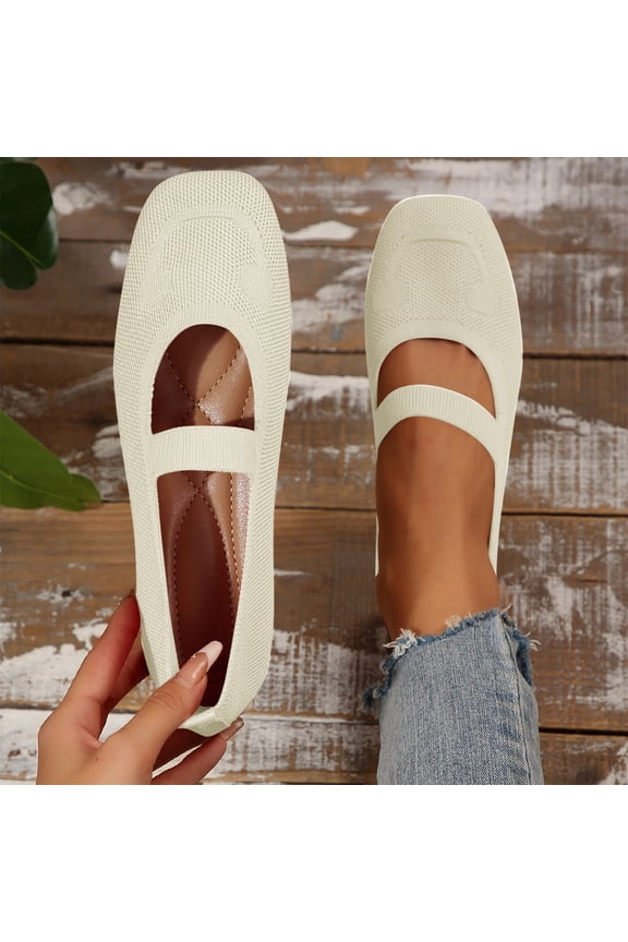 Wide Toe Box Flats Women Comfort Slip On Ballet Shoes Mary Jane Dressy Knit Flats with Straps Washable Casual office White 8.5(42)