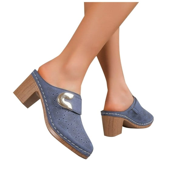 HaiMao Women Clogs Leather Slippers Clearance Wooden Shoes for Ladies, Comfortable House Footwear Wooden Mules, Casual Shoes, Home Slippers Blue 6(37)